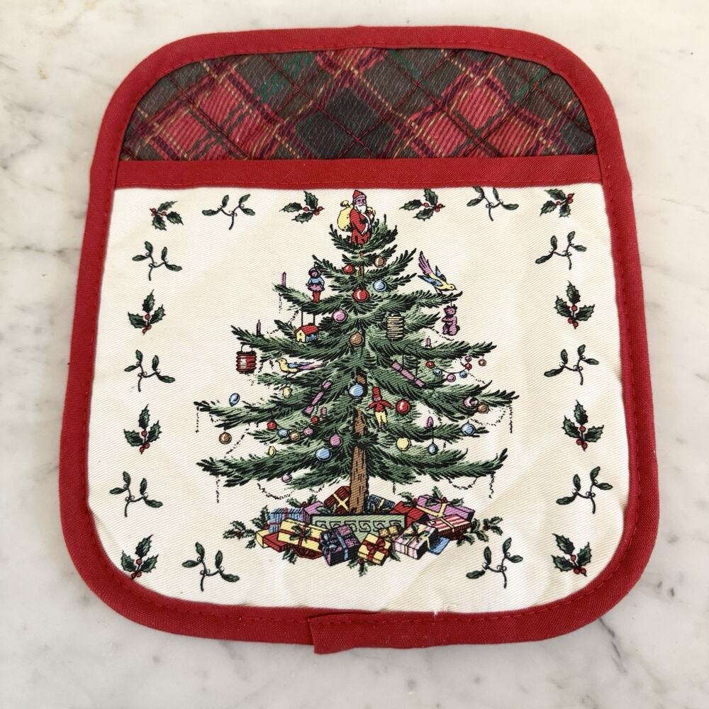 Spode Christmas Tree Red Tartan Plaid Trim Pot Holder Avanti Linens‎